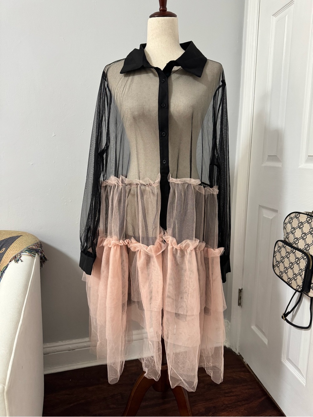 NWT SHEIN X Black Sheer Mesh Ruffle Shirt Dress Cover Up 2XL